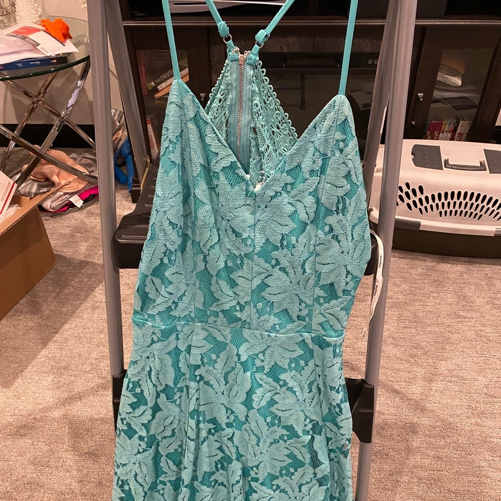 Teal lace summer dress with fun back size L